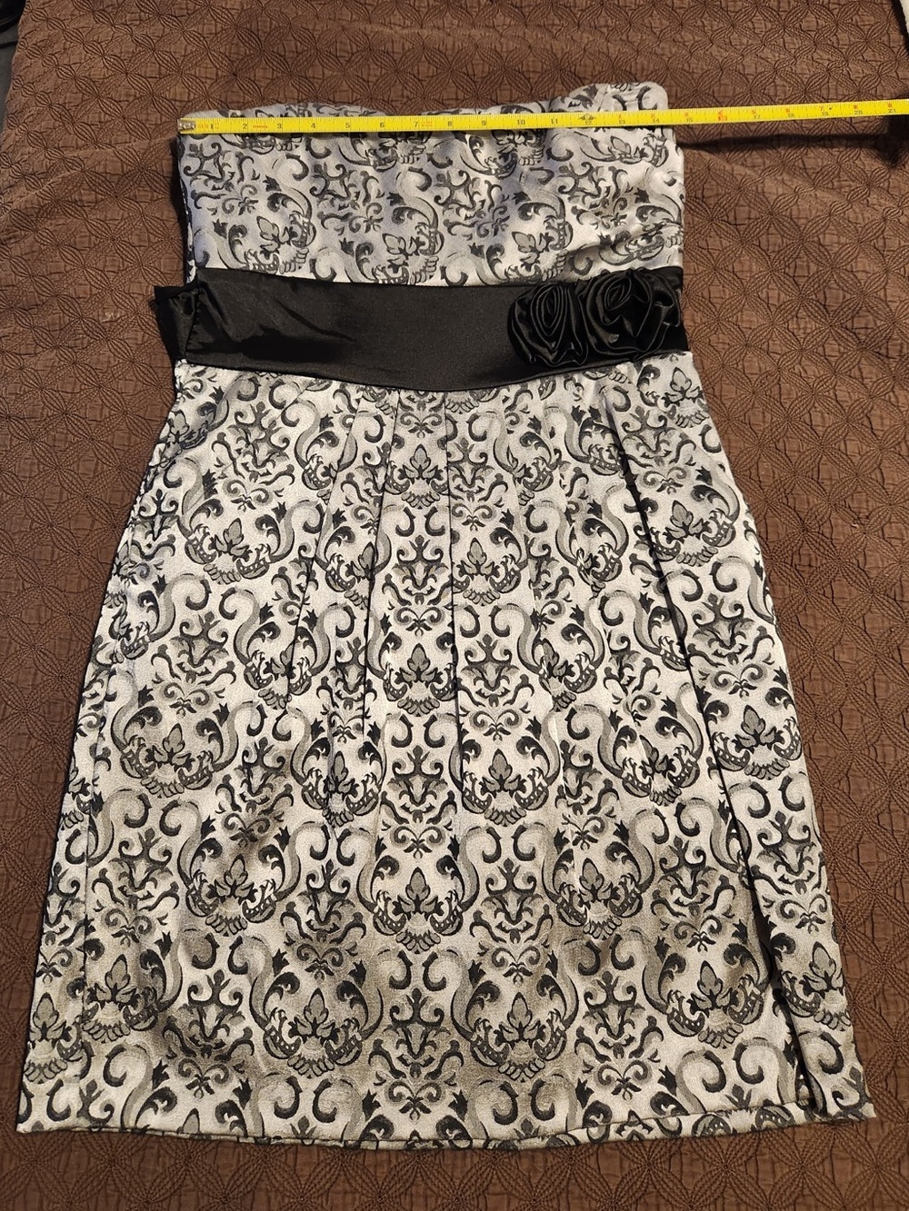 y2K Strapless Black and Silver Floral Brocade Party Dress Whimsigoth formal
